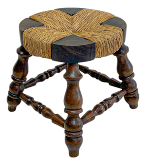 Vintage French Low Beech and Rush Stool, 1970s
