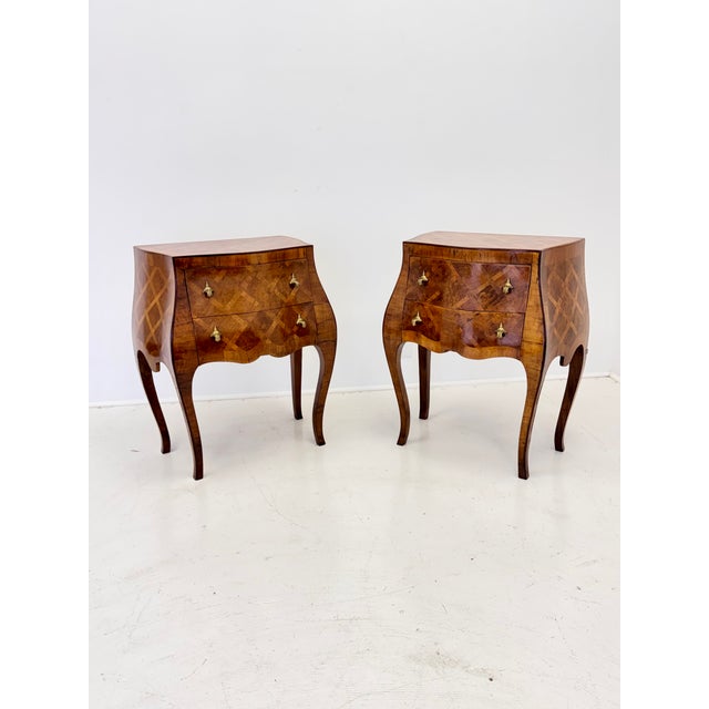 Rococo Pair of Italian Bombe Commodini W Geometric Marquetry and Brass Hardware, 1950s For Sale - Image 3 of 16