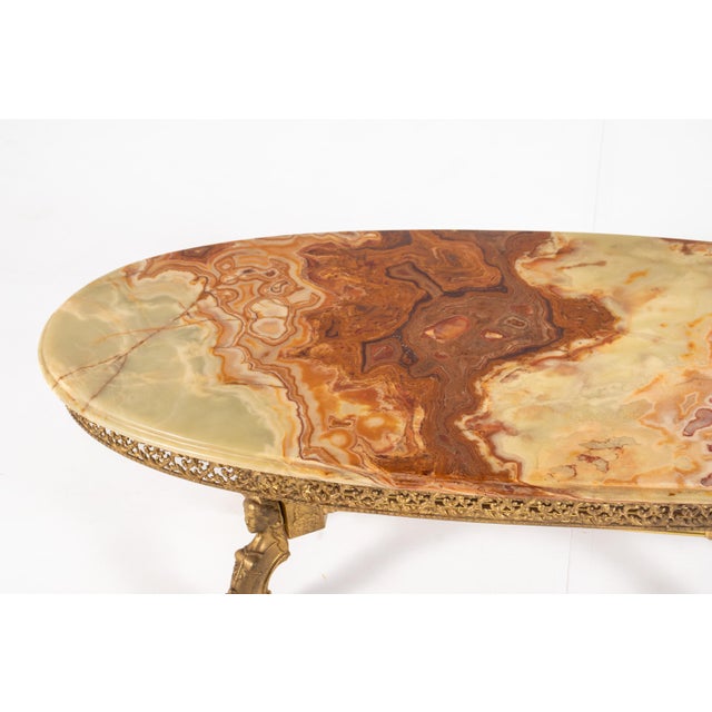 Vintage Hollywood Regency Oval Onyx Coffee Table with Gilt Brass Base, France, 1960s For Sale - Image 15 of 16