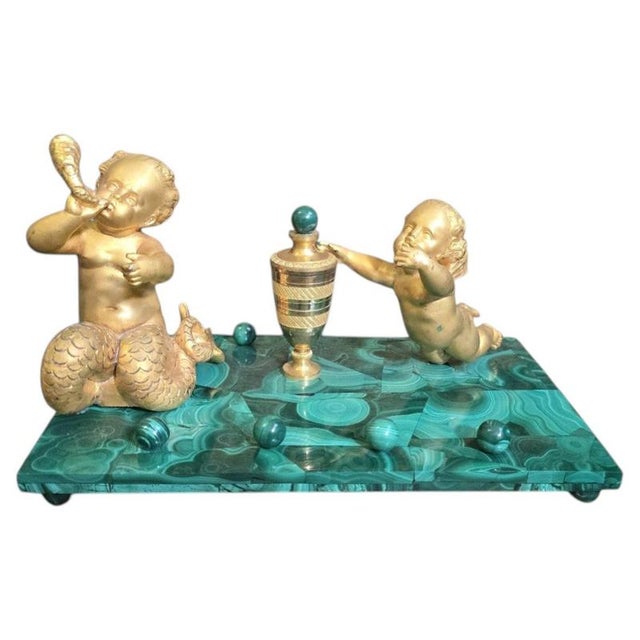 19th Century Italian Malachite and Ormolu Inkwell with Cupid and Mermaid, Mythol, 1890 For Sale - Image 11 of 11