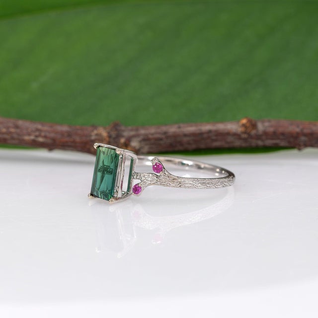 Metal 1.1Ct Indicolite Tourmaline Ring With Pink Sapphire Accents: Solid 14k Gold, Size 6.75 For Sale - Image 7 of 10