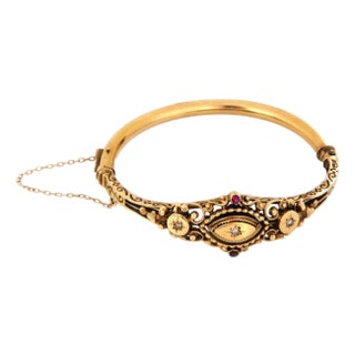 23841 - Diamond & Ruby 14k Yellow Gold Fancy Scrolls Floral Bangle For Sale