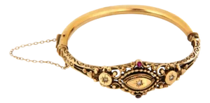 Diamond & Ruby 14k Yellow Gold Fancy Scrolls Floral Bangle