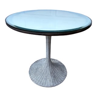 Mid-Century Vintage Coastal/Cottage Wicker, Wood, Glass Top Tulip Table For Sale