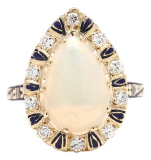 0.40ctw Pear Opal, Diamond and Blue Enamel Statement Ring, 14k Yellow Gold, Size 7