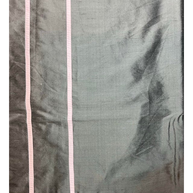 1 Pair Brand New Silvery Sage Green 100% Taffeta Silk Draperies with White Inset Banding across vertical & bottom...
