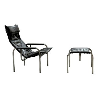 Set of Lounge Armchair and Ottoman in Leather by Hans Eichenberger for Strässle, Switzerland, 1970s For Sale