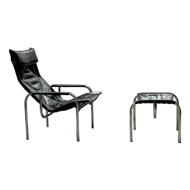 Set of Lounge Armchair and Ottoman in Leather by Hans Eichenberger for Strässle, Switzerland, 1970s For Sale