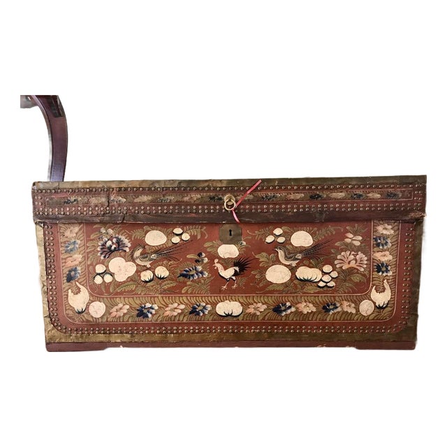 Red Painted Leather Camphor Wood Trunk, Chinese Export, 19th Century For Sale