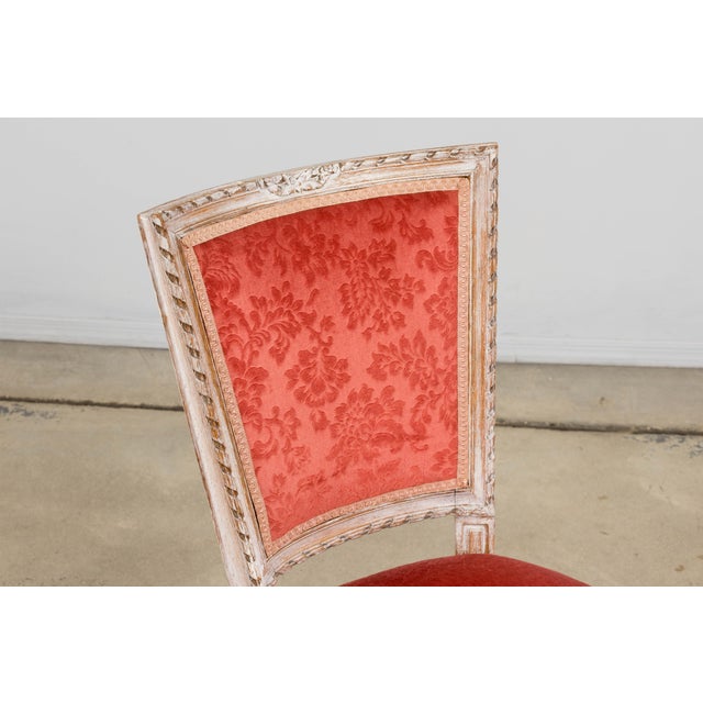 Wood Antique French Louis XVI Style Painted Side Chairs W/ Red Velvet Damask – A Pair For Sale - Image 7 of 18