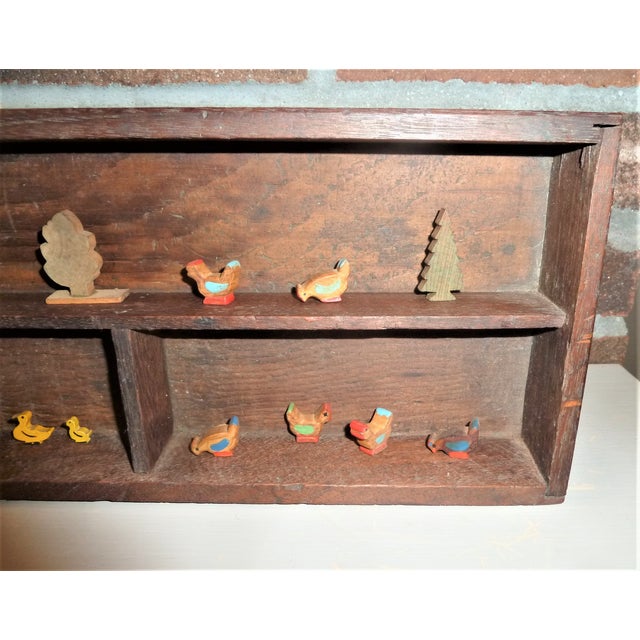 Mid 19th Century Folk Art 19th Century Primitive Wall Shelf With Collection of Early Hand-Carved Miniature Farm Animals, Trees & House For Sale - Image 5 of 8
