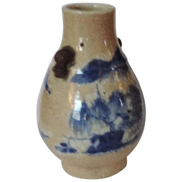 19th Century Chinese Blue & White Crackle Glaze Porcelain Landscape Decoration & Foo Dog Handle Vase For Sale - Image 11 of 11