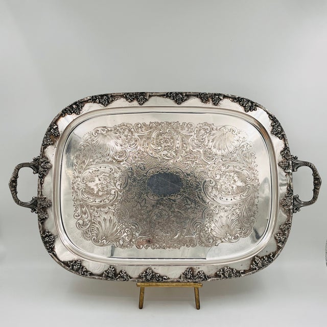 Metal Vintage XL Silverplated Tray Grape, Vine and Scallop Shell Details For Sale - Image 7 of 16