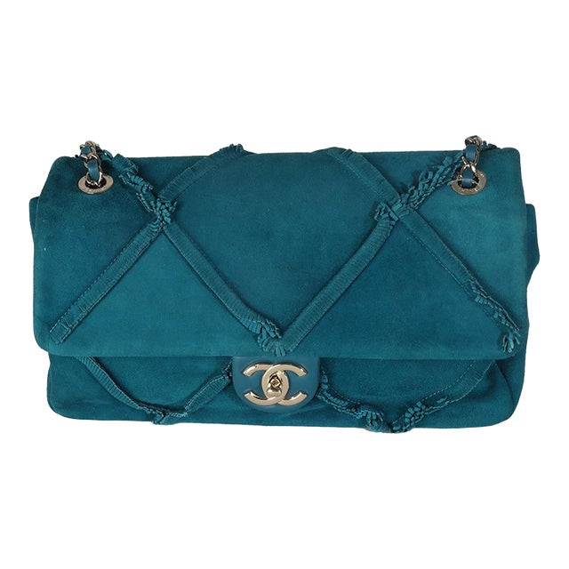 Teal Suede Goatskin Diamond Fringe Medium Flap Bag For Sale