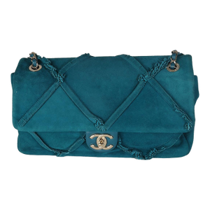 Teal Suede Goatskin Diamond Fringe Medium Flap Bag