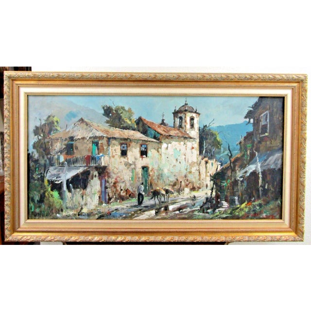 Vintage Durval Pereira Oil Painting Village Church Scene Brazil 47.5" x 23" Signed and Dated 1974 Brazilian painter, b....