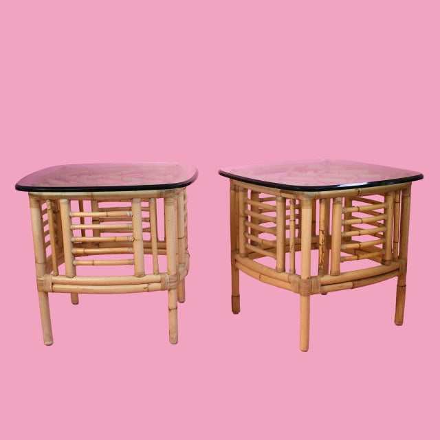 Hollywood Regency 1970s Pair of Fretwork Burnt Bamboo Glass Top End Tables For Sale - Image 3 of 4