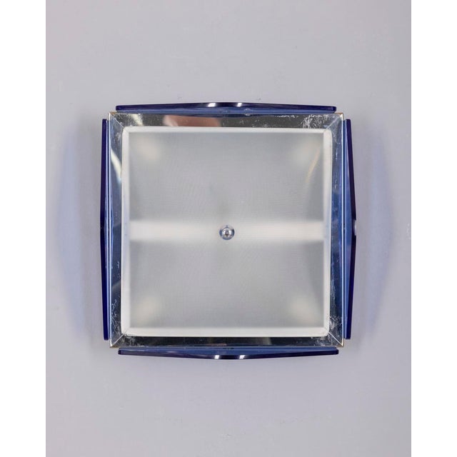 Ceiling lamp in chromed metal and blue and satin glass, Italian design, 1970s. Up to 250V (Europe/UK Standard).The wiring...