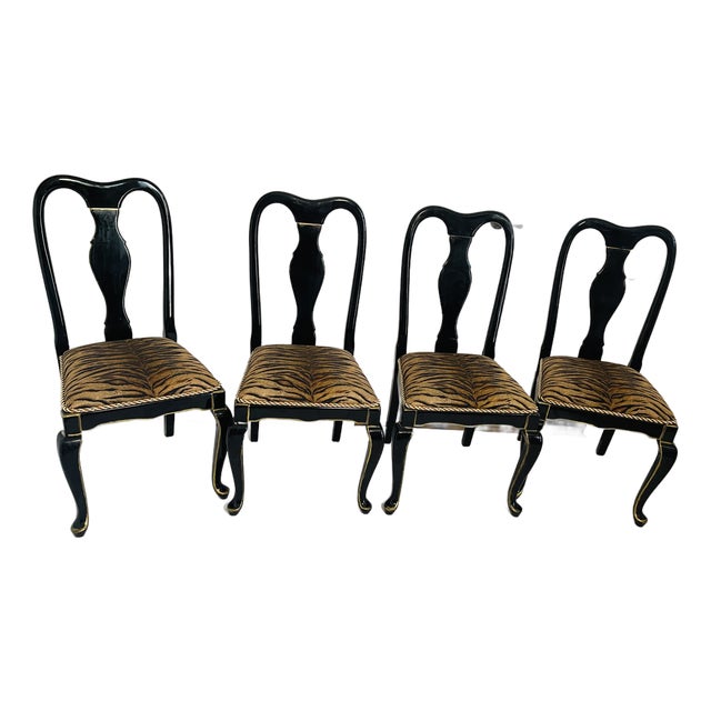 Mid 20th Century 4 Ebonised Queen Ann Style Dining Chairs With TapestryUpholstery For Sale