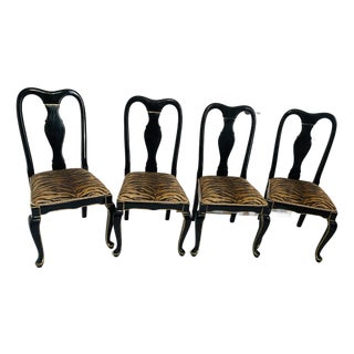 Reduced- Mid 20th Century 4 Ebonised Queen Ann Style Dining Chairs With TapestryUpholstery For Sale