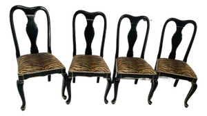Reduced- Mid 20th Century 4 Ebonised Queen Ann Style Dining Chairs With TapestryUpholstery