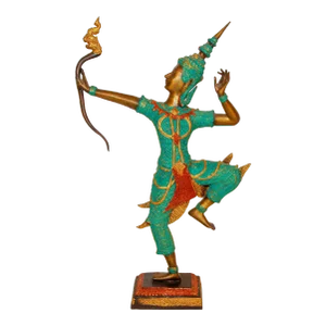 Vintage Bronze Gold and Green Thai Figurine of Prince Rama With a Bow