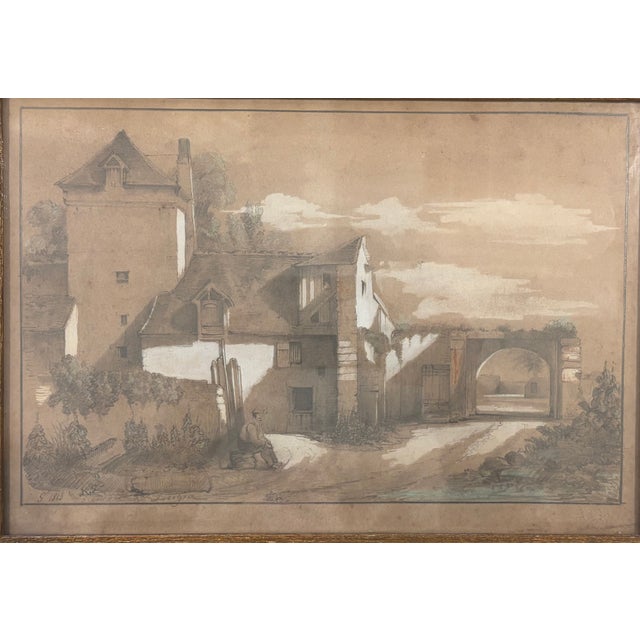 19th Century European Sepia Wash Architectural Landscape Drawing in Pencil & Chalk, Framed For Sale In Little Rock - Image 6 of 16