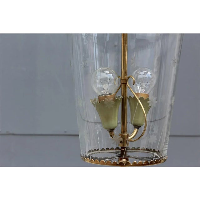 Mid-Century Italian Engraved Glass and Brass Ceiling Lamp from Crystal Art, 1950s For Sale - Image 10 of 13