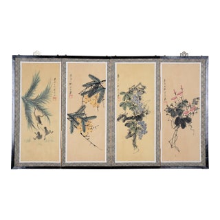 1970s Chinese Byobu "Traditional Floral Vignettes" on This 4-Panel Folding Screen Very Good Front Panels and Very Good + Back Panels For Sale