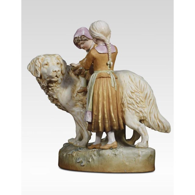 Very Large Royal Dux porcelain figure group, of a dog, mother, and child realistically modelled and coloured in ivory and...
