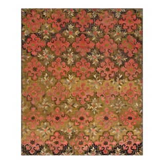 1880s Brown Geometric Floral Antique American Hooked Rug 7'2" X 8'9" Knotted Pile Wool Carpet For Sale