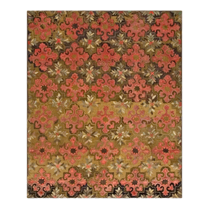 1880s Brown Geometric Floral Antique American Hooked Rug 7'2" X 8'9" Knotted Pile Wool Carpet