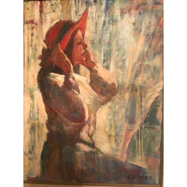 Original acrylic on canvas. Portrait of young girl in red hat. Signed by Jeanne Cordes, a South Carolina artist. Very...