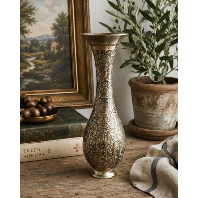 Vintage Hand-Engraved Silver-Tone Indian Vase, Circa 1965–1970s For Sale - Image 9 of 9