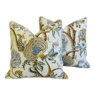 French Jacobean Floral Cotton & Linen Feather/Down Pillows 24" Square - Pair For Sale
