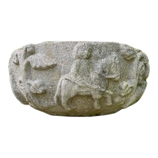 Large Antique Stone Planter With Medieval Hunting Scene For Sale