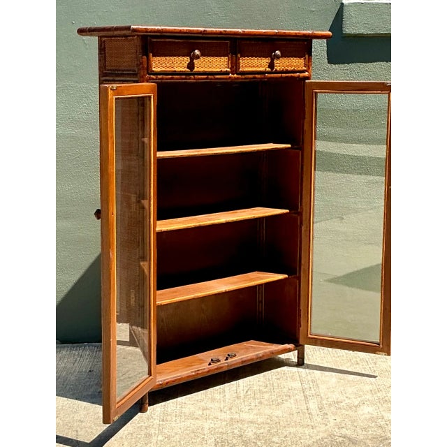 Chinoiserie Vintage Tortoise Bamboo and Glass Cabinet For Sale - Image 3 of 12