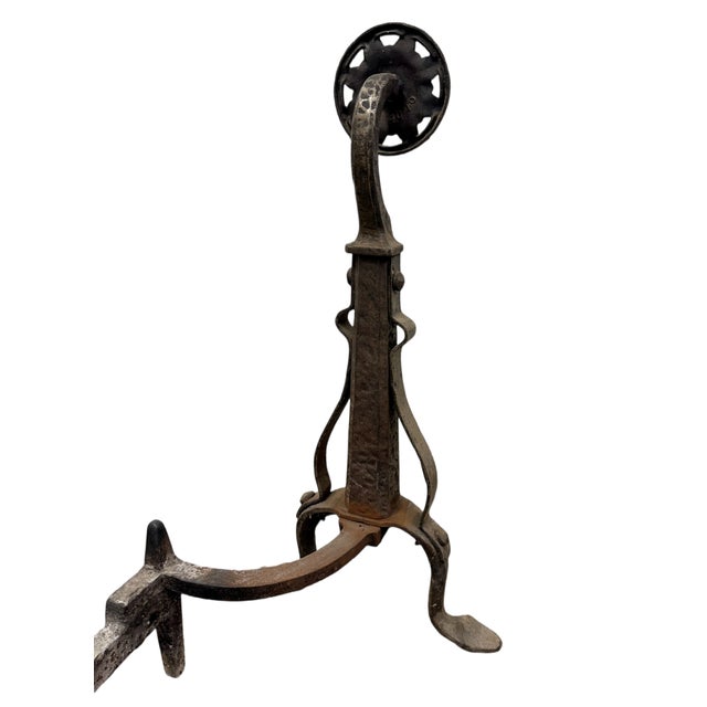 Antique Arts & Crafts Bradley & Hubbard Floral Medallion Cast Iron Andirons – Pair (C. 1890–1920) For Sale - Image 6 of 8