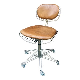 1980s Mid Century Modern Chrome Wire & Leather Adjustable Desk Chair For Sale