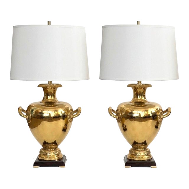 Striking Pair Hollywood Regency Marbro Polished Brass 'Hydria' Lamps For Sale