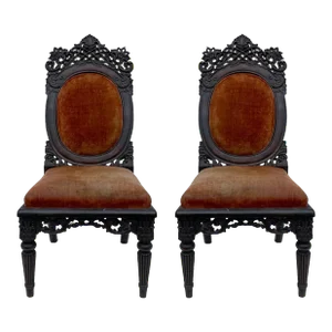 19th-C. George IV Style Moroccan / Anglo-Indian Carved Teak Side Chairs- Pair