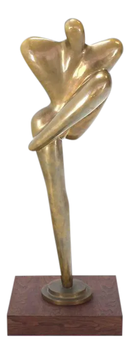 Large Mid-Century Modern Abstract Nude Bronze Dancer Sculpture on Walnut Base