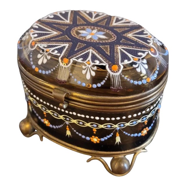 19th Century Bohemian Moser Enameled Amber Art Glass Jewel Casket For Sale