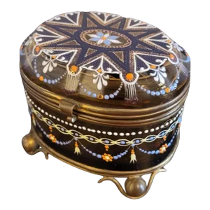19th Century Bohemian Moser Enameled Amber Art Glass Jewel Casket