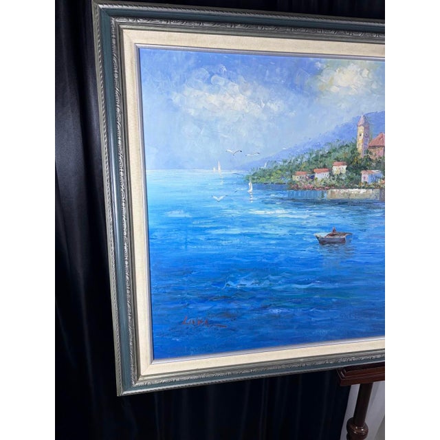 Large Mid-Century Style Mediterranean Coastal Village Framed Oil Painting - Signed "Linda" For Sale In Phoenix - Image 6 of 9