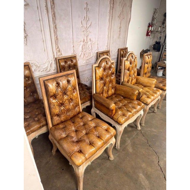 Set of 8 French Louis XV Dining Chairs, Leather Tufted, 1960s For Sale - Image 9 of 18