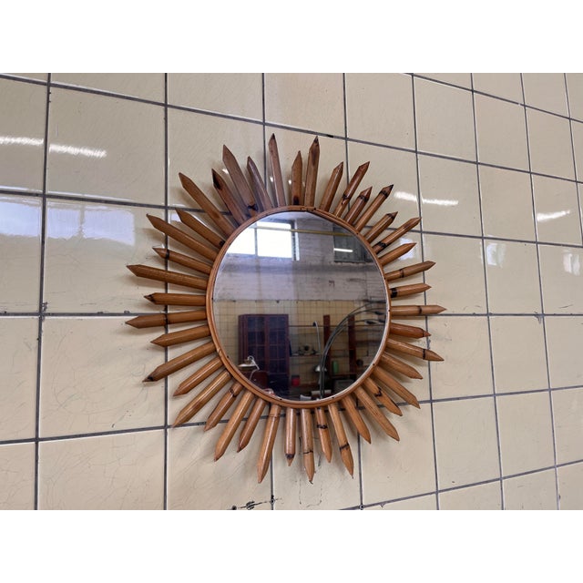 Wood Sunburst Mirror in Bamboo, 1960 For Sale - Image 7 of 7