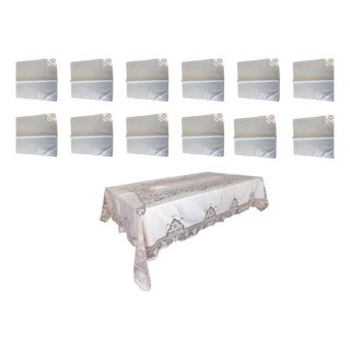 Linen Tablecloth with Fine Macrame Lace and Hand Embroidery, 1950s, Set of 13 For Sale
