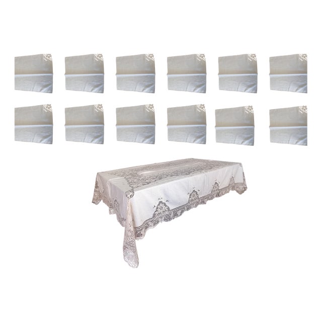 Linen Tablecloth with Fine Macrame Lace and Hand Embroidery, 1950s, Set of 13 For Sale