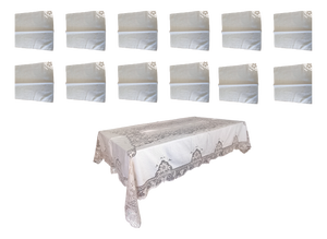 Linen Tablecloth with Fine Macrame Lace and Hand Embroidery, 1950s, Set of 13
